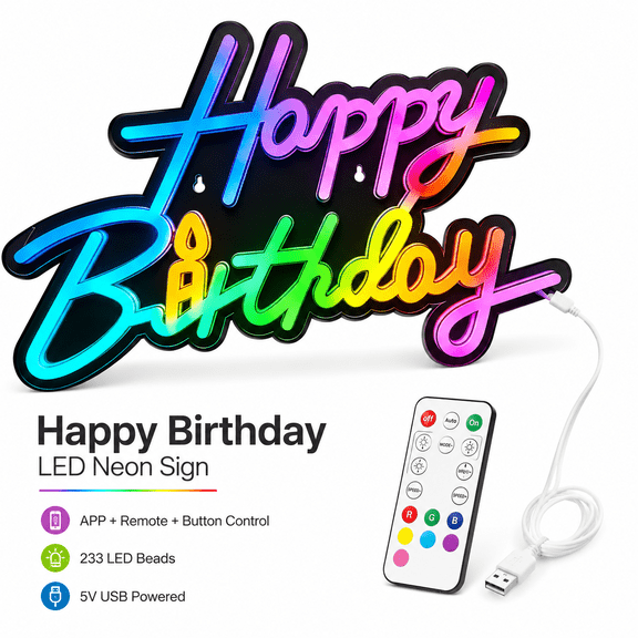 Happy Birthday LED Neon Sign, App Remote Music Sync USB Wall Decor