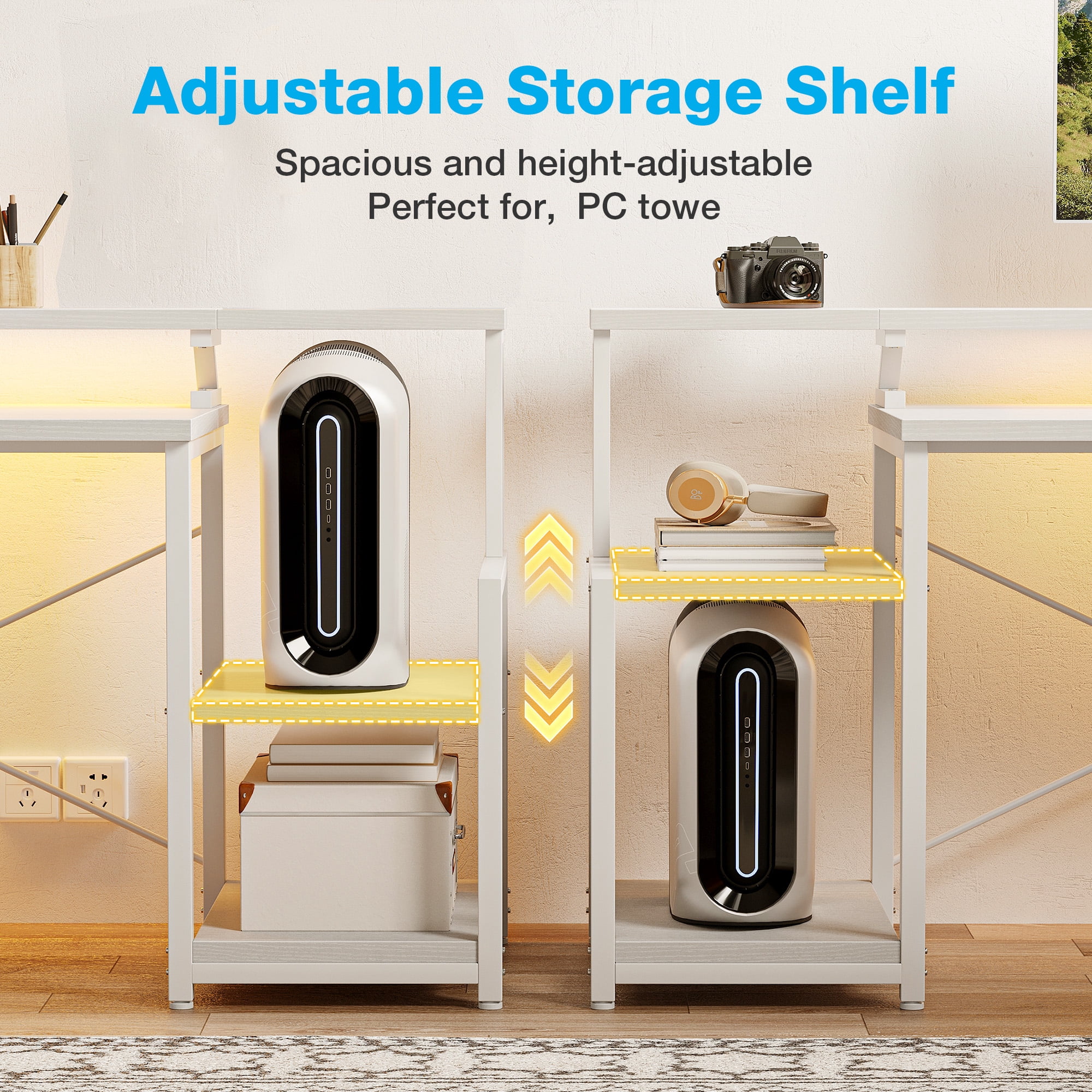 Casacomoda 55 Inch Computer Desk with LED Light, Monitor  Stand, Desk with 4 Drawers, Home Office Desk with Storage Shelves, White Office Desks, White