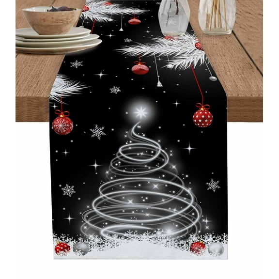 Ldtrchee Black Red Christmas Table Runner 72 Inches, Snow Xmas Tree Balls Botanical Bed Runner Dresser Scarves Tabletop for Indoor Outdoor Parties/Ceremony/Banquet, 14" x 72"