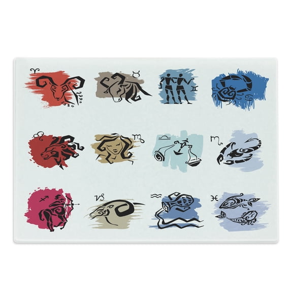 Zodiac Cutting Board, 12 of the Signs with Brushstrokes Effect Birth Calendar Horoscope Design, Decorative Tempered Glass Cutting and Serving Board, Large Size, Multicolor, by Ambesonne