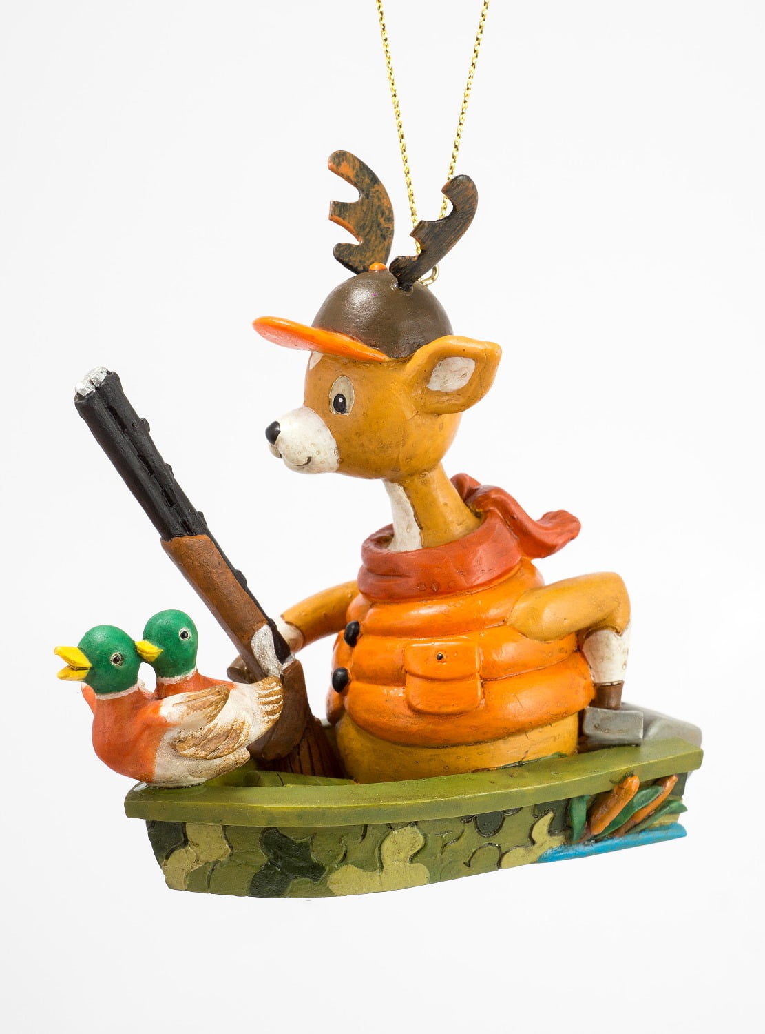 Deer Hunter with Gun Duck Decoys In Boat Christmas Holiday Ornament 3.