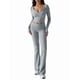 thumbnail image 2 of Conjunto Deportivo de 2 Piezas para Mujer, Camiseta de Larga, Pantalones Acampanados con Solapa, Chándal Informal, Gris, Talla M, 2 of 8