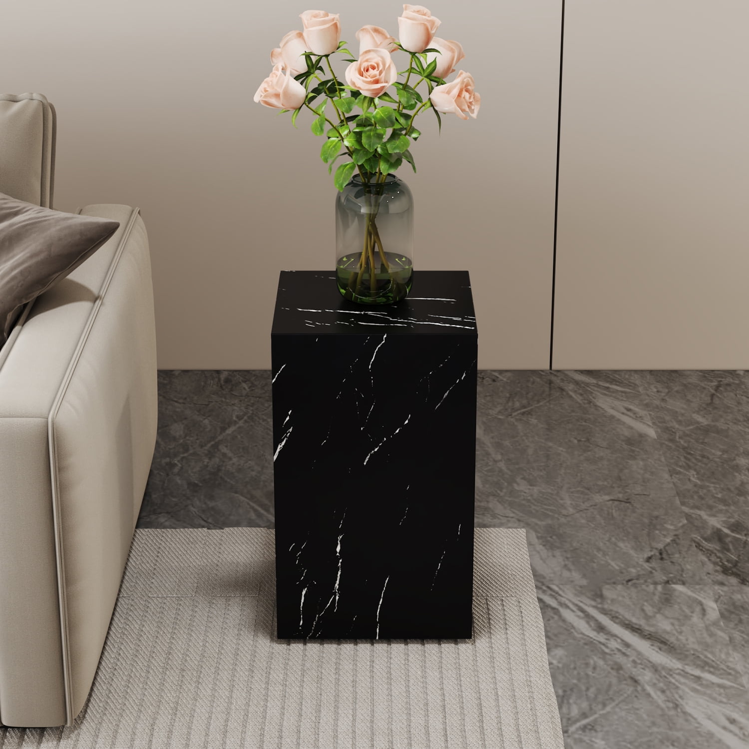 11.8*11.8*19.6 Inch Black Marble Texture MDF Coffee Table Modern Living Room Accent