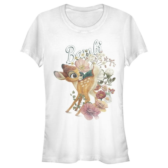 Junior's Bambi Playing In Flower Fields Graphic Tee White 2X Large