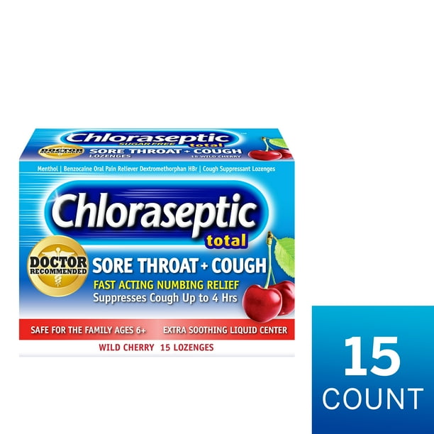 Chloraseptic Total Sore Throat + Cough Lozenges, SugarFree Wild Cherry Flavor, 15 CT