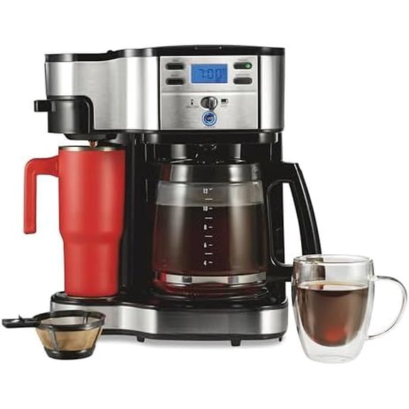 2-Way Programmable Coffee Maker, 12 Cup Glass Carafe And Single Serve Coffee Maker, Black with Stainless Steel Accents, 49980RG