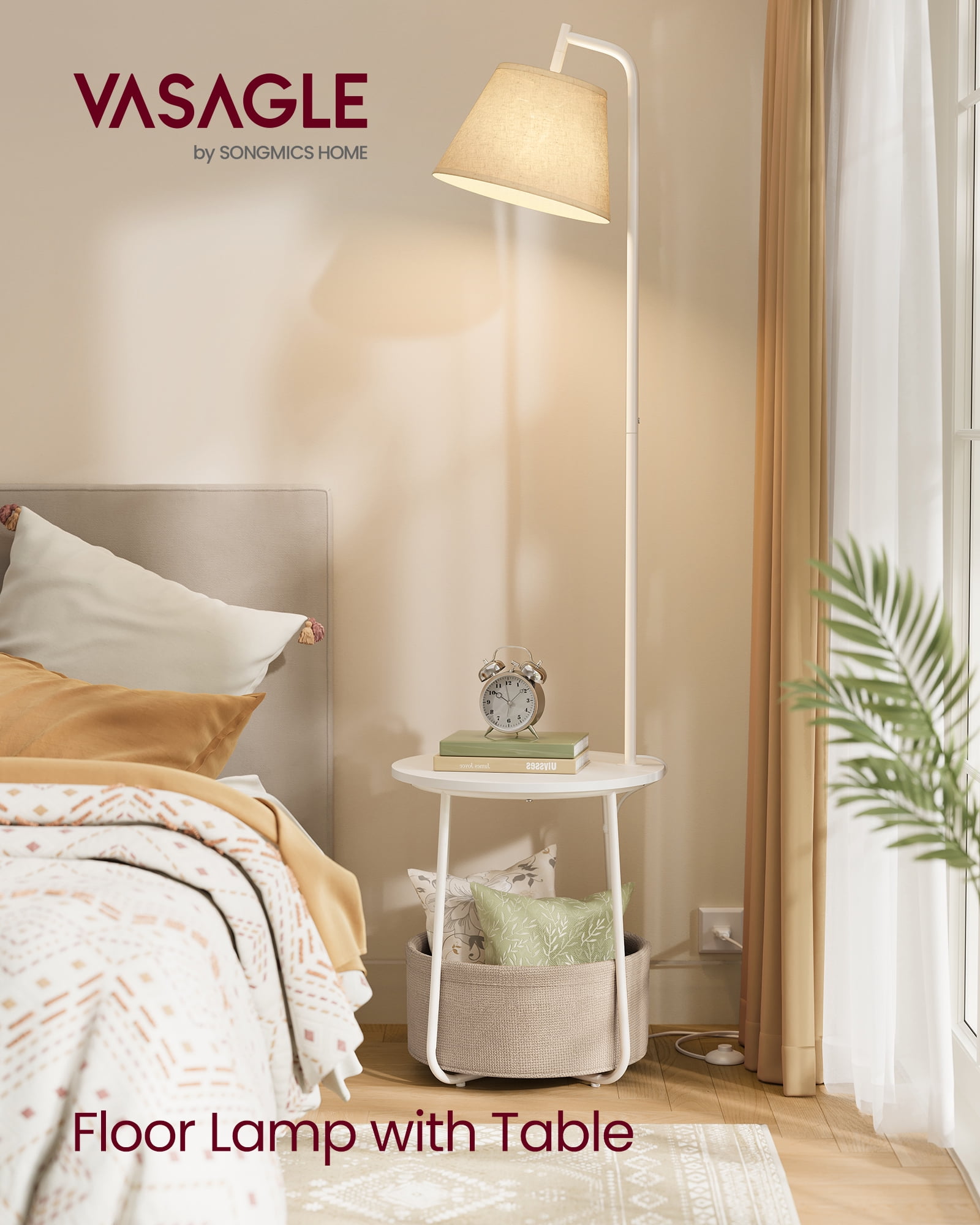 VASAGLE End Table with Lamp, 3-in-1 Floor Lamp with Table and Fabric Basket for Living Room, Tunable LED Bulb Included, Angle-Adjustable Lampshade, Steel Frame, Matte White