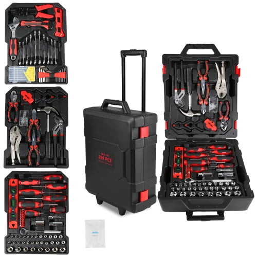 POVANLI 299 Piece Tool Kit with Rolling Tool Box Socket Wrench Hand Tool Set Mechanic Case Trolley Portable black