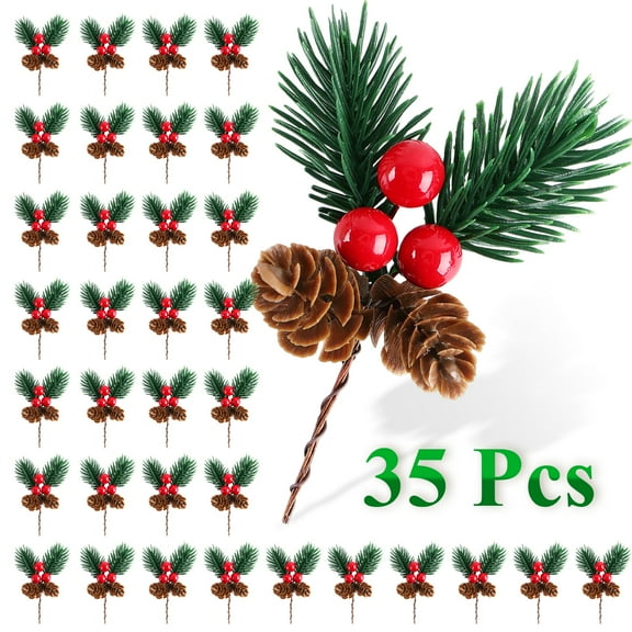 Yalumo 35 Pcs Christmas Pine Cones and Red Berries Picks, Artificial Floral Holly Stems and Greenery Sprays for Christmas Tree, Wreath, Garland, and DIY Holiday Decorations