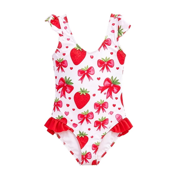 Wxolcjlv Girls One-Piece Swimsuit Strawberry Crewneck Athletic Bathing Suit, Sizes 2-8