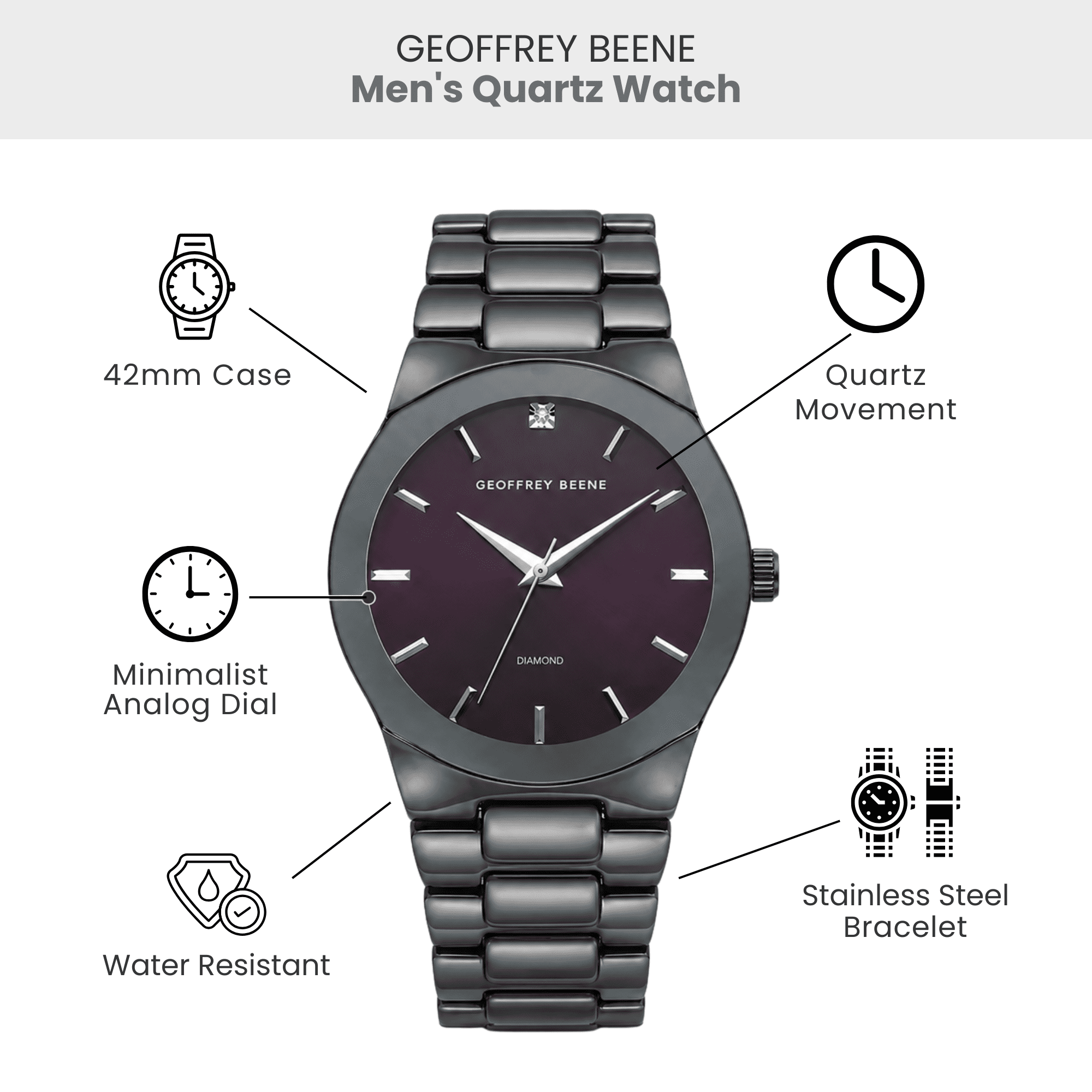 Geoffrey Beene Men’s 42mm Stainless Steel Dress Watch, Grey Dial Analog Quartz Wristwatch, Business Casual Gift for Men