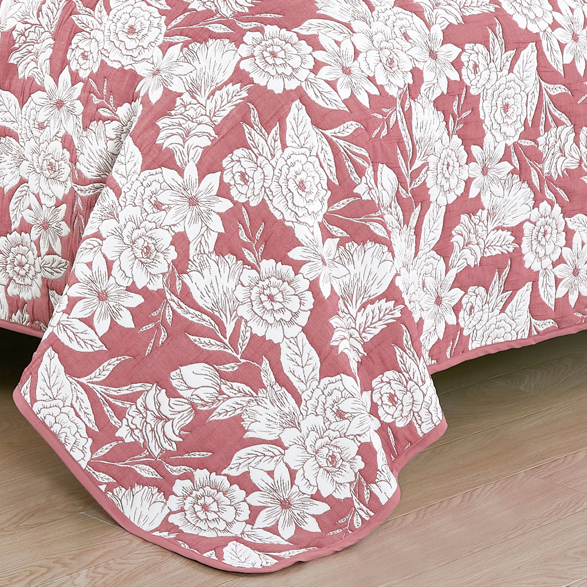 Pink & White Floral Pattern 3-Piece Reversible Cotton Matelasse Bedspread Set,King