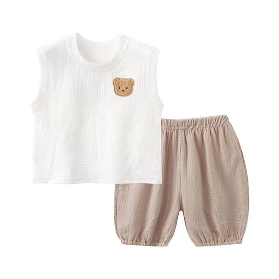 Quealent Toddler Casual Cotton Gauze Sleeveless Vest Shorts Set, Breathable Two-Piece Summer Outfit for Boys Girls (Khaki, 2-3 Years)