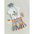 thumbnail image 3 of Wassery Kids Girls Summer Outfits Letter Print Short Sleeve Tops Crew Neck T-shirt with Plaid/ Rainbow Flare Long Pants Headbands  3Pcs Toddler Clothes Set 6M-5T, 3 of 8