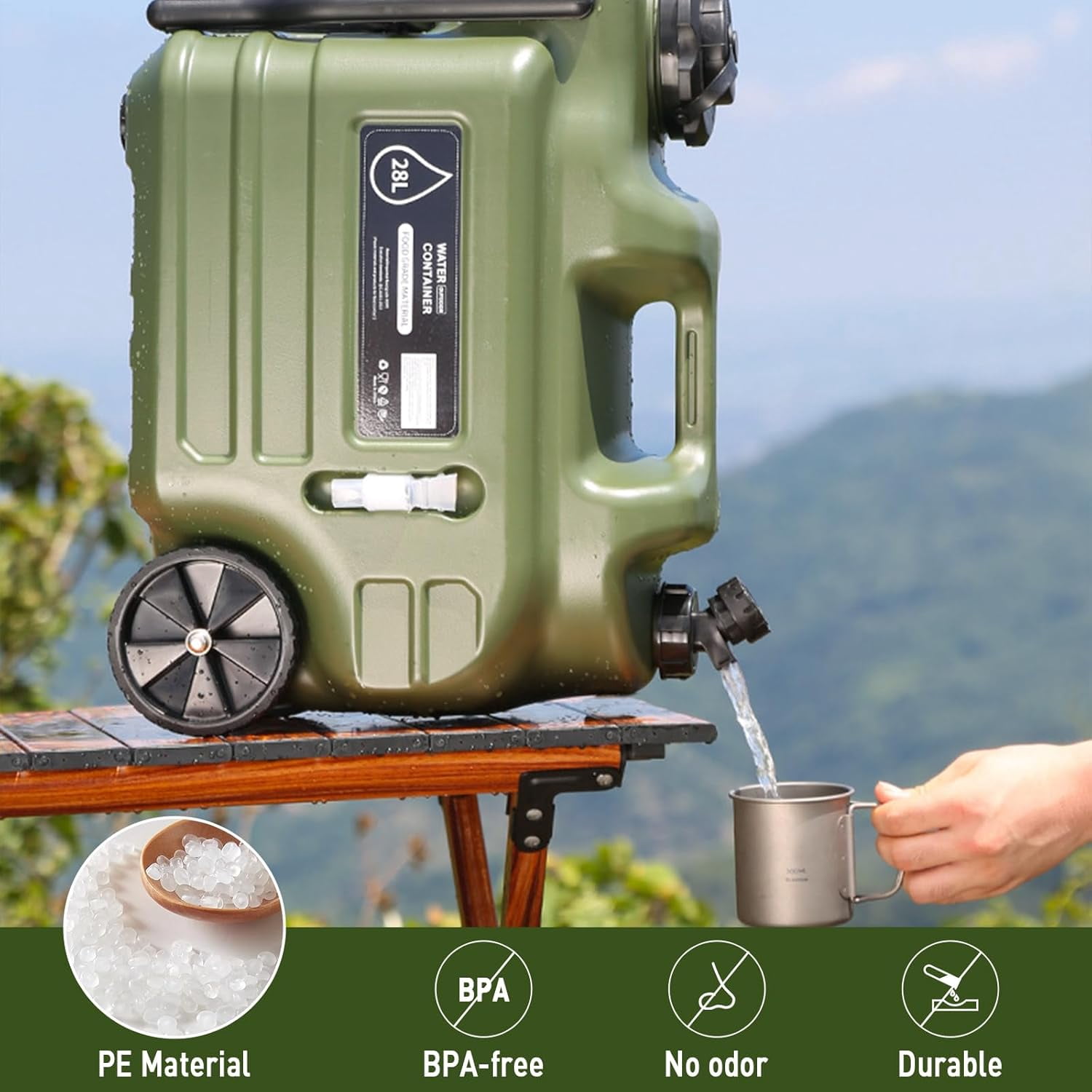 Water Jug, 28L Portable Water Container with Wheel & Pull Handl, BPA-Free Camping Hydration Canteen, Outdoor Tank Storage PE, Green, 7.4 Gallon