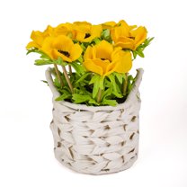 10 in. Yellow Anemone Flower Bouquet in White Basket