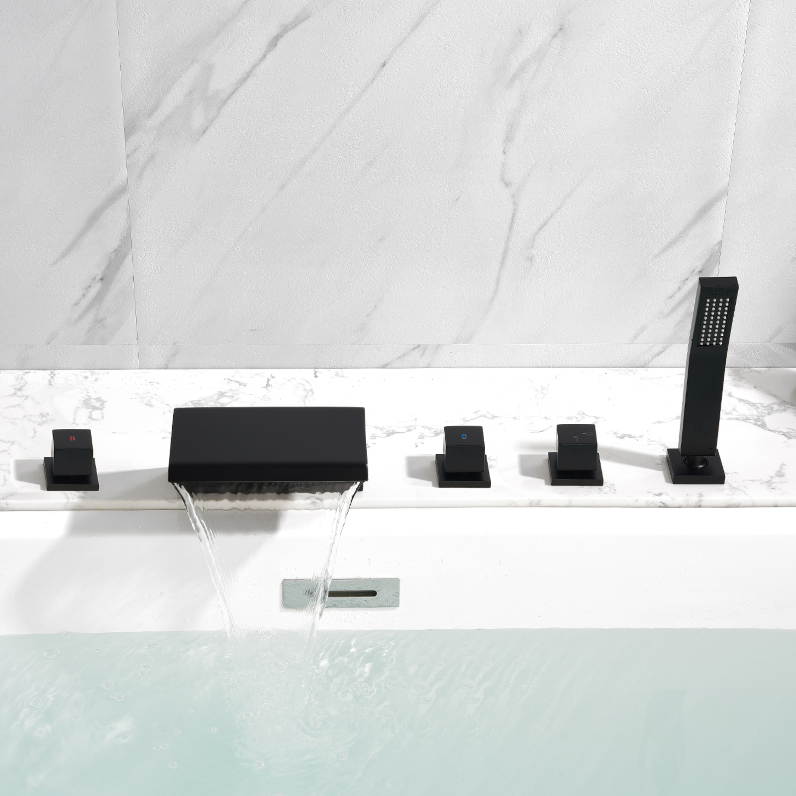 Cobbe 5-Hole Deck Mount Bathtub Faucet Kit with Hot Water Switch, 7.09-Inch Wide Bathtub Spout, Cold Water Switch, Diverter Knob and Handheld shower Matte Black