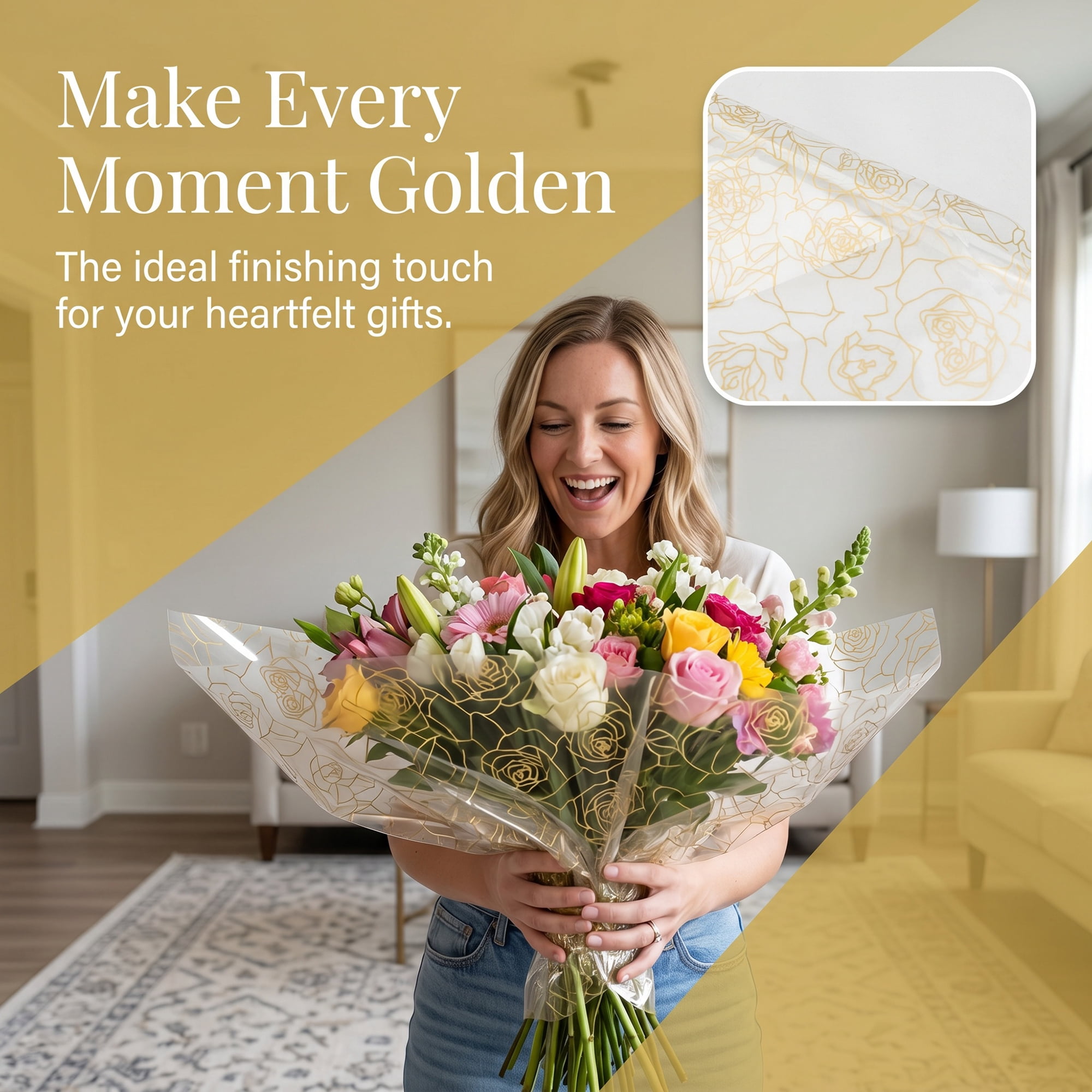 Unique Bargains Gift Wrapping Paper with Rose Pattern for Arrangements Gold 22"x 22"