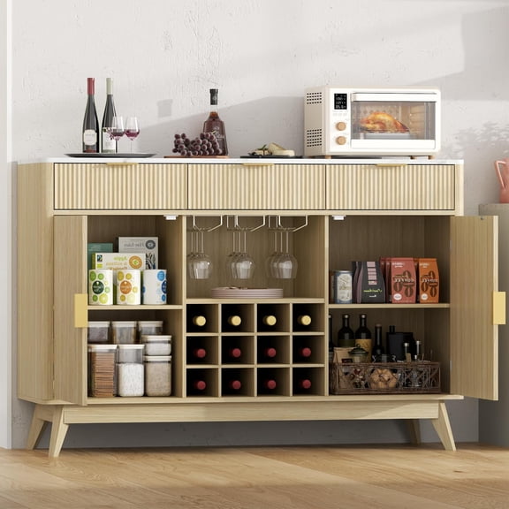 Fluted Wine Bar Cabinet with 3 Drawers and 2 Doors, Buffet Cabinet with Wine and Glasss Rack, Coffee Bar Cabinet with Adjustable Shelves, Sideboard for Kitchen,Living Room, Dining Room, Entryway