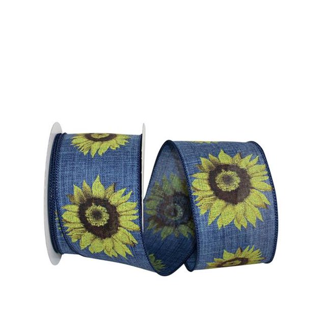 Reliant Ribbon 93255W-237-40F 20.5 in. 10 Yards Sunflower Linen Day Wired Edge Ribbon, Denim & Yellow