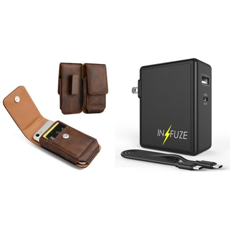 Holster and Wall Charger Bundle for Samsung Galaxy S21 FE 5G: Vertical Magnetic Belt Pouch Case Clip (Brown) and 45W Dual USB Port PD Power Delivery Type-C and USB-A Power Adapter