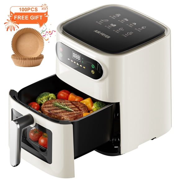 Friteuse à Air Chaud de 7,5 Litres, 1600 W, Multifonction avec Fenêtre de Visualisation, Minuterie et Température Réglables, Revêtement Antiadhésif, 85 % d'Huile en Moins, 100 Sacs de Cuisson PrettyCare AF01