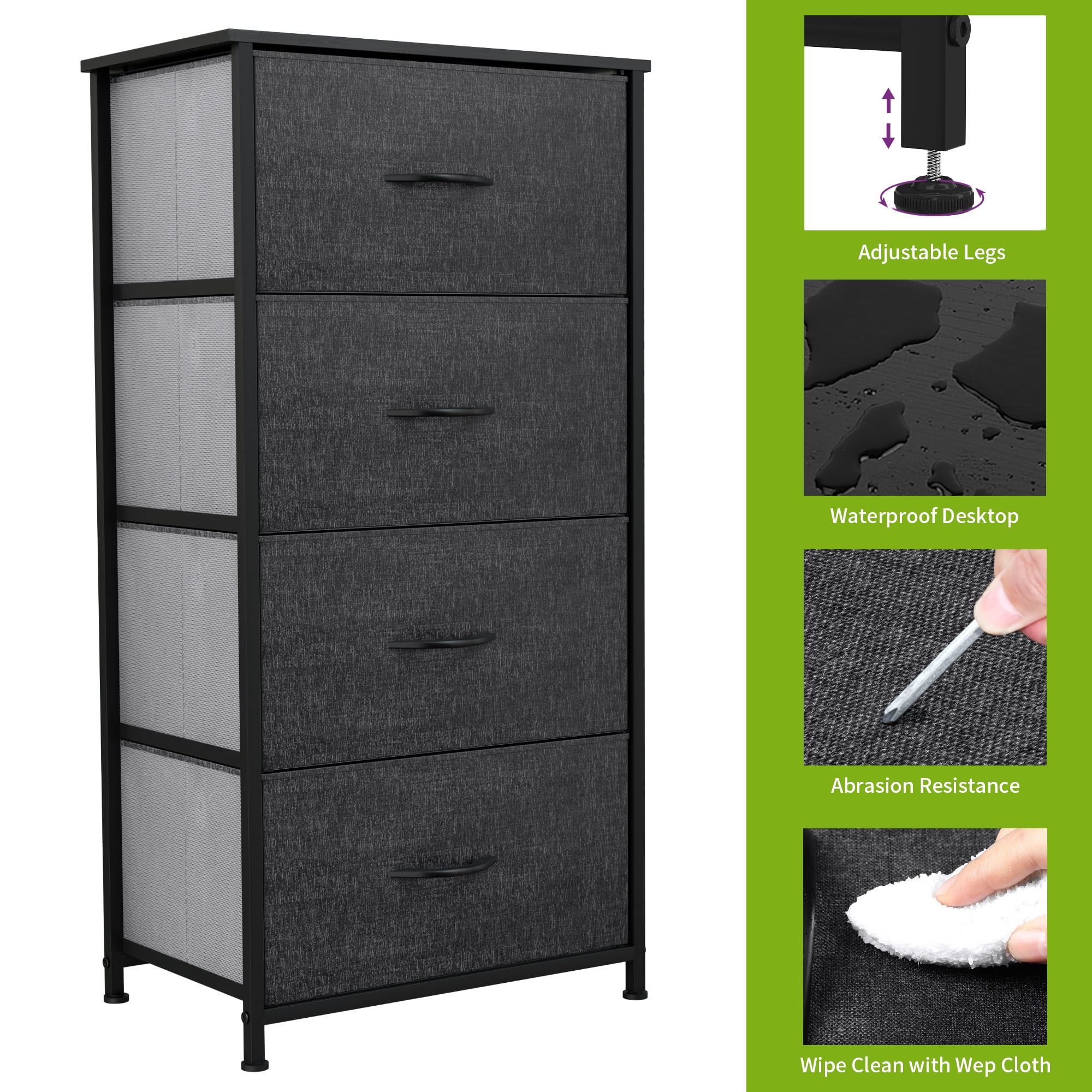 DEXTRUS 4-Drawer Fabric Dresser for Adults & Teens, Bedroom & Office Storage Chest, Black Gray
