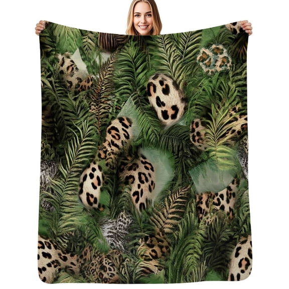 Tropical leaves leopard print fabric Flannel Blanket Warm Soft Bedding Throws Winter Camping Chair Sofa Bed