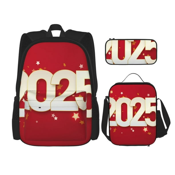 Disketp Happy New 2025 Year Mochila Estampada de Gran Capacidad con Lonchera y Estuche, Set de 3 Piezas para Estudiantes