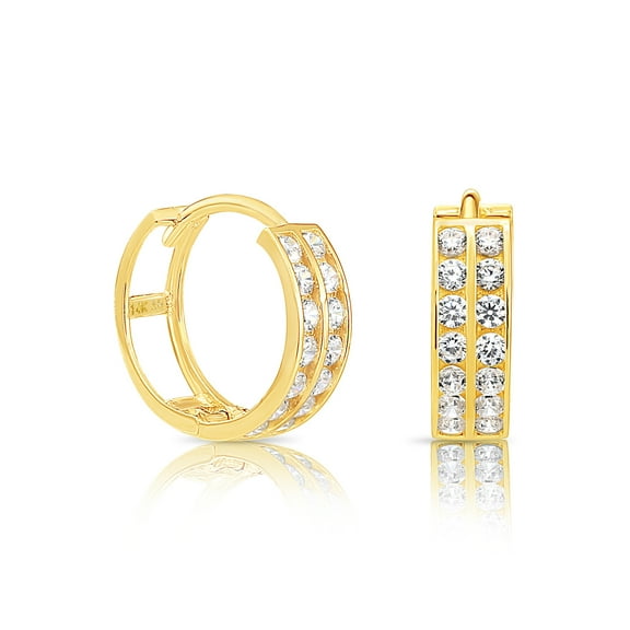 Tilo Jewelry 14K Yellow Gold Gold Double Row Eternity Huggie Hoop Earrings with Cubic Zirconia CZ Stones | 11.5mm Small | Dainty Everyday Earrings for Women & Unisex