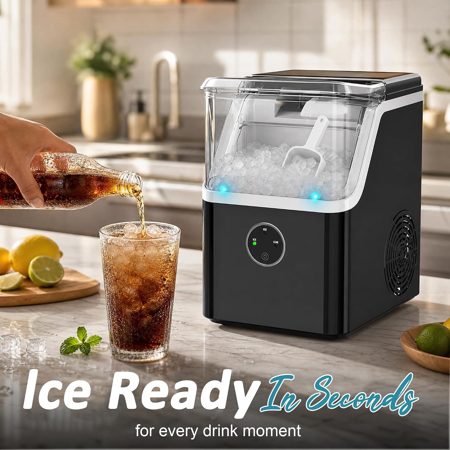 Countertop Nugget Ice Maker Machine 41.89lbs/Day, Soft Chewable Pellet Ice Ready in 6-13 Mins, One Touch Auto Self Clean for Home Kitchen Party Bar