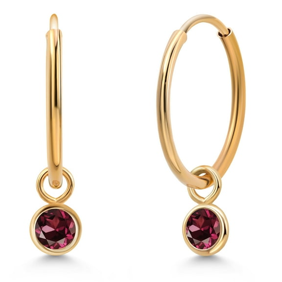 Gem Stone King 14K Yellow Gold Red Rhodolite Garnet Snap Closure Continuous Endless Drop Dangle Hoop Earrings for Women (0.24 Cttw, Round 3MM)