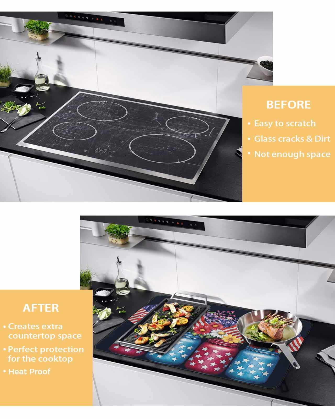 nqOlkjepod Large Induction Cooktop Protector Mat 36"x21", 4th of July Stove Top Covers for Electric Stove, American Flag Independence Day Floral Black Stove Burner Cover Mats, Glass Top Stove Cover