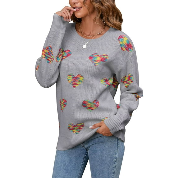 Sweaters for Women Crew Neck Long Sleeve Womens Sweaters Colorful Jacquard Heart Print Winter Sweaters Alsol Lamesa