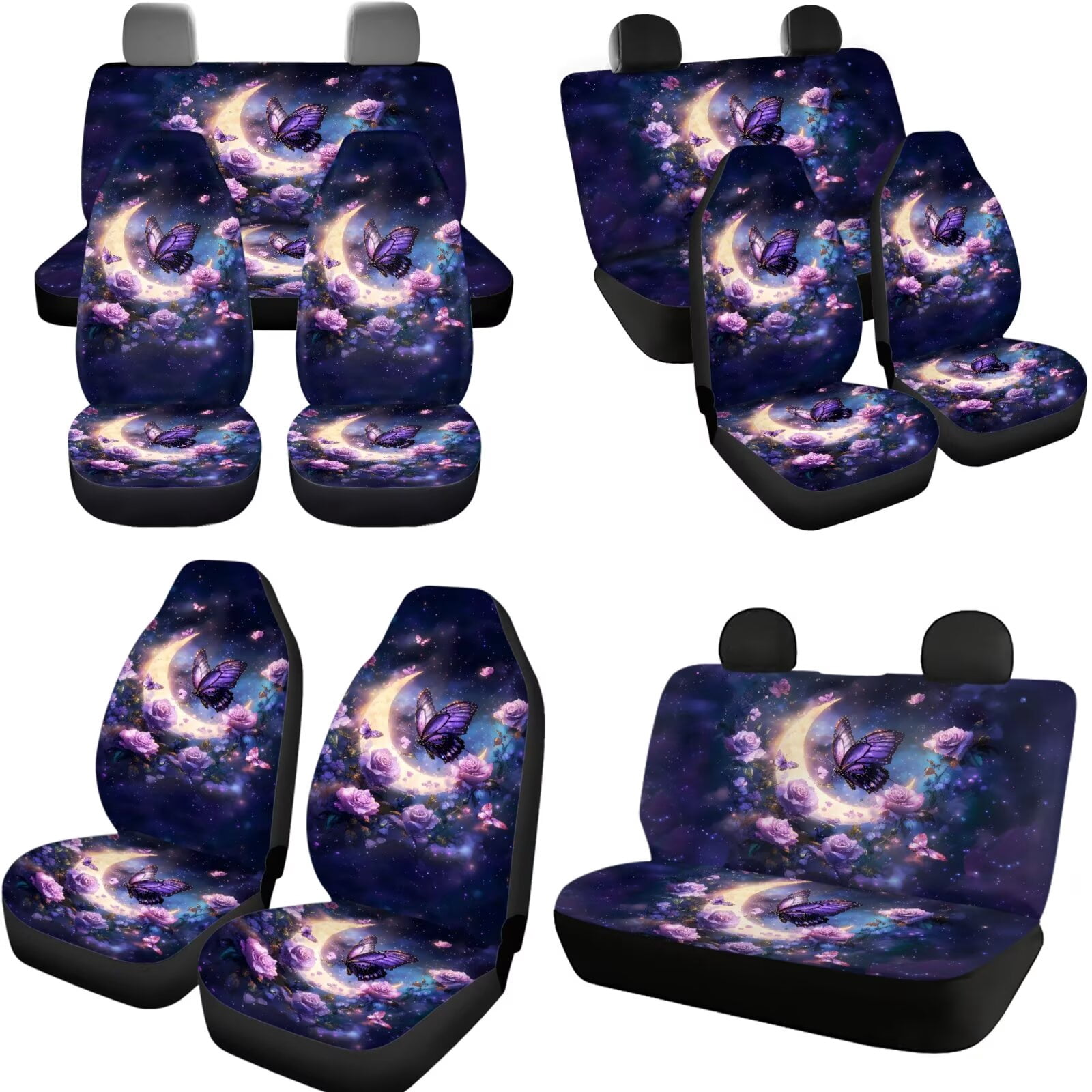 Jeiento Butterfly Moon 11 Pack Car Seat Covers for Women, Front Rear Seats Cover Keychain Headrest Cover Cup Coasters Handbrake Cover Gear Shift Cover Purple Automobile Interior Accessories