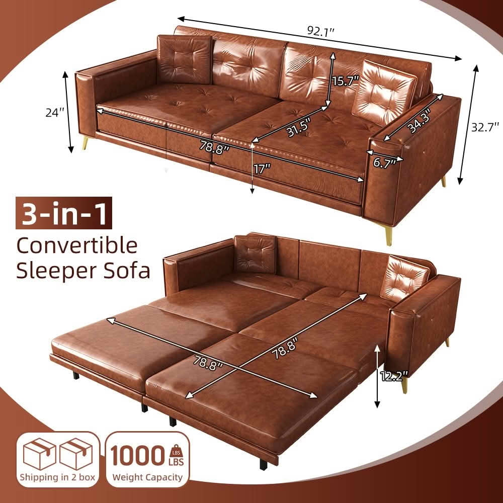 MAYEERTY 92.1" King Size Pull‑Out Sofa Bed, 3‑in‑1 Faux Leather Convertible Sleeper Sofa, Tufted 4‑Seater Couch with Wide Armrests, 2 Pillows Included
