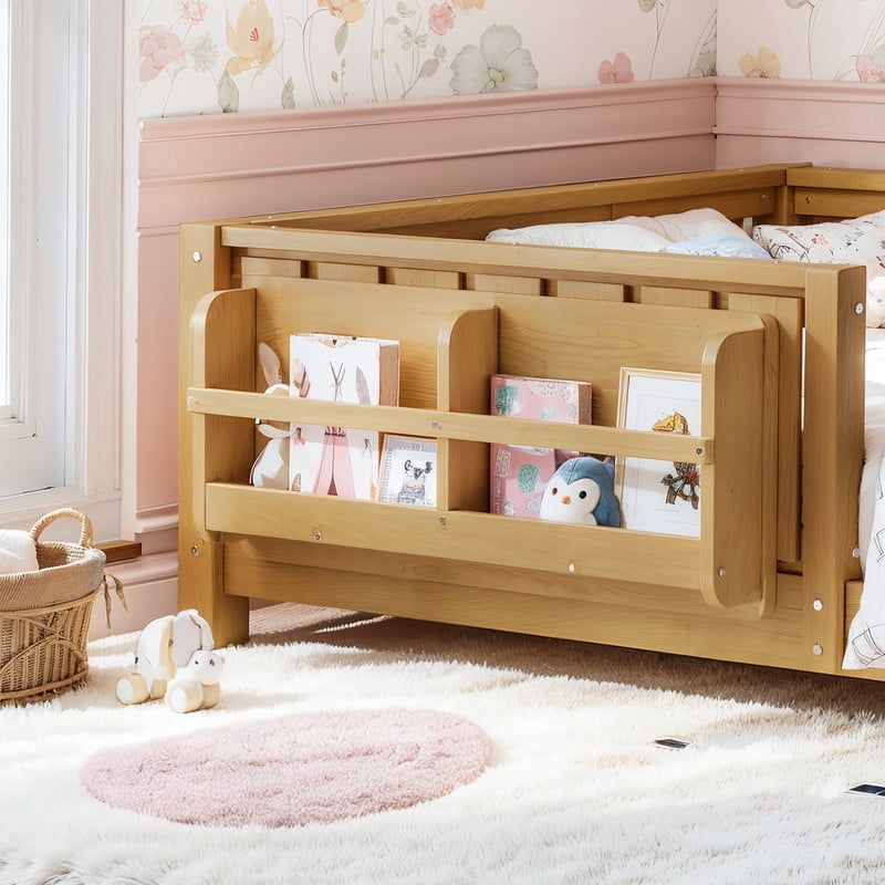 URTR Twin Size Montessori Floor Bed with Storage Bookshelf and High-Quality Safety Guardrail, Wooden Twin Floor Bed Frame, Low Profile Twin Bed with Fence and Headboard, Light Natural