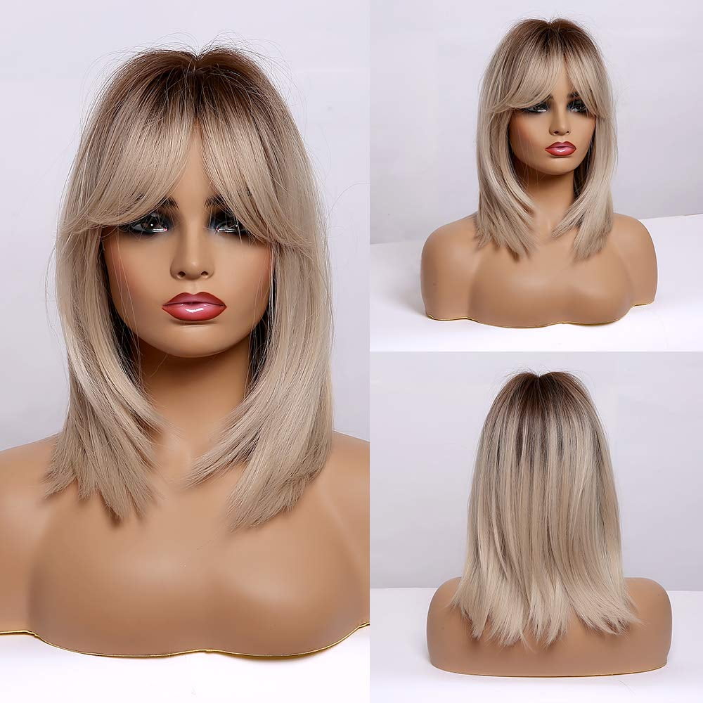 Bob Wig with Bangs Short Bob Wigs for Women Short Straight Wigs with Dark Roots Heat Resistant Synthetic Wig Natural Looking for Daily Use Perruques A6 Walmart