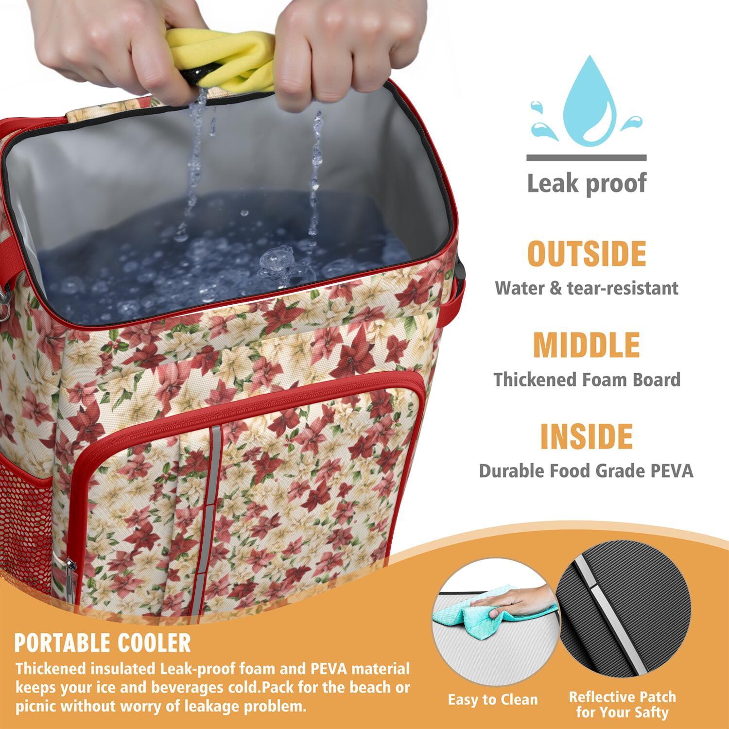 Travel Cooler Bag - Multicolor Christmas Floral Pattern Camping Beer Cooler Backpack with Bottle Opener- Waterproof Insulated Picnic Backpacks - Cooler Bag for Beach
