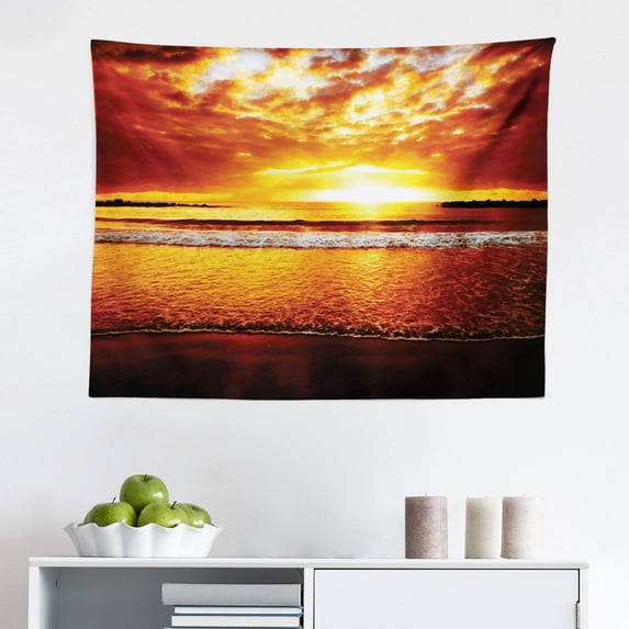 Ocean Tapestry, Reflection of Sunset on Coast Sunbeams Cloudy Sky Touristic Image, Fabric Wall Hanging Decor for Bedroom Living Room Dorm, 2 Sizes, Yellow Grey, by Ambesonne