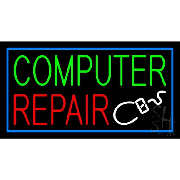 Computer Repair Blue Border LED Neon Sign 13 x 24 - inches, Clear Edge Cut Acrylic Backing, with Dimmer - Bright and Premium built indoor LED Neon Sign for Computer & Electronics store decor.