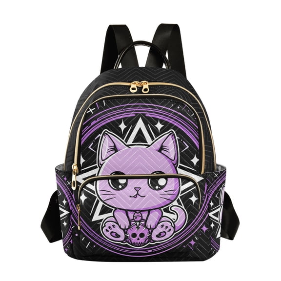 JIALIOU Mini Backpack Purse for Women Quilted Casual Daypack Small Travel Shoulder Bag, Cute Cat with Skull