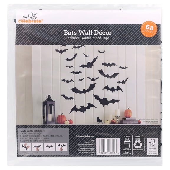 Bats Wall Decorations, Black, 68 Pieces, Halloween by Way To Celebrate