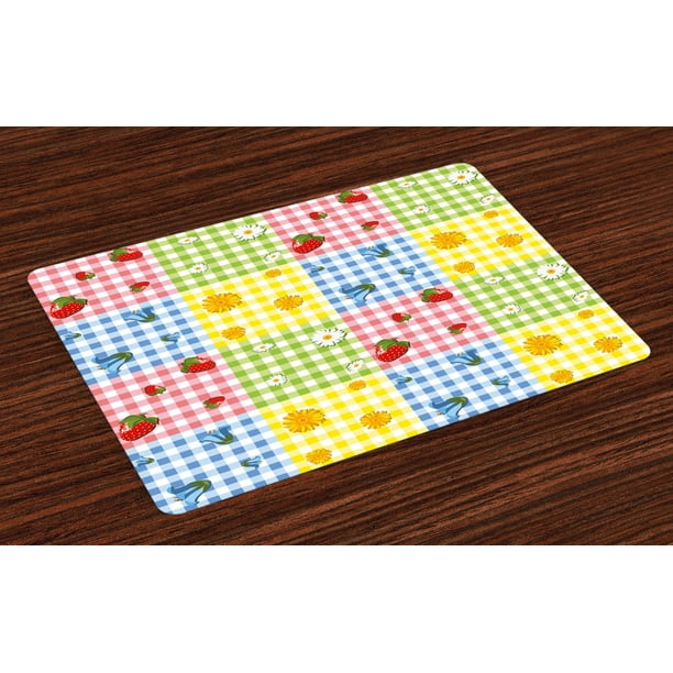 Spring Placemats Set of 4 Colorful Pattern with Strawberries Chamomiles
