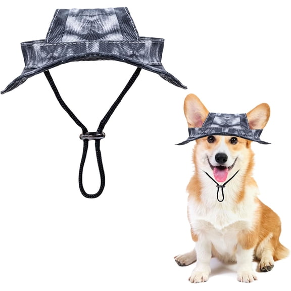 Pet Sun Hat with Ear Holes – Wide Brim UV Protection Hat for Dogs and Cats – Adjustable Chin Strap – Lightweight Breathable Fabric for Summer Walks(Black Gray,L)