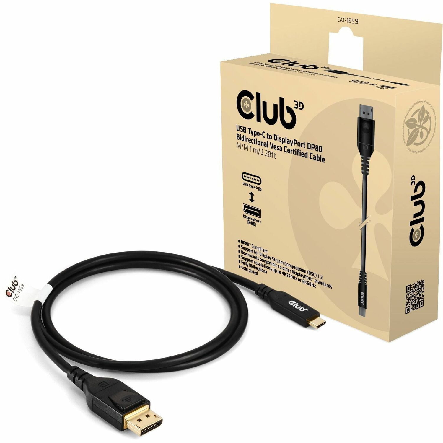Club 3D USB Type-C to DisplayPort DP80 Bidirectional Vesa Certified Cable 1m/ 3.28 ft (cac-1559)