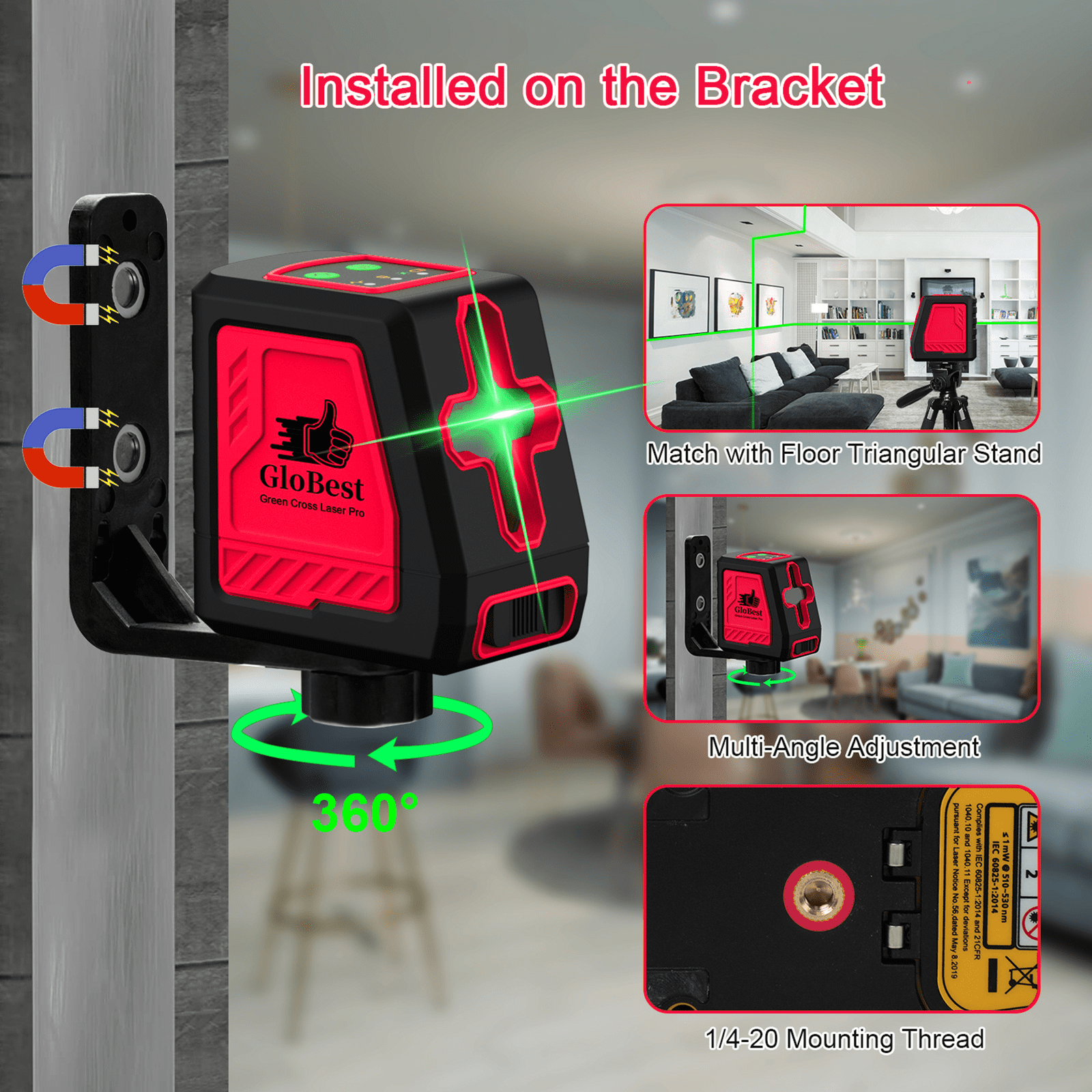 Laser Level with Tripod, Self Leveling Cross Line Lasers, Green Beam Leveler Tool, with Self-leveling, Manual, Pulse Mode, Lazer Level with 360 Degree Magnetic Base and Battery