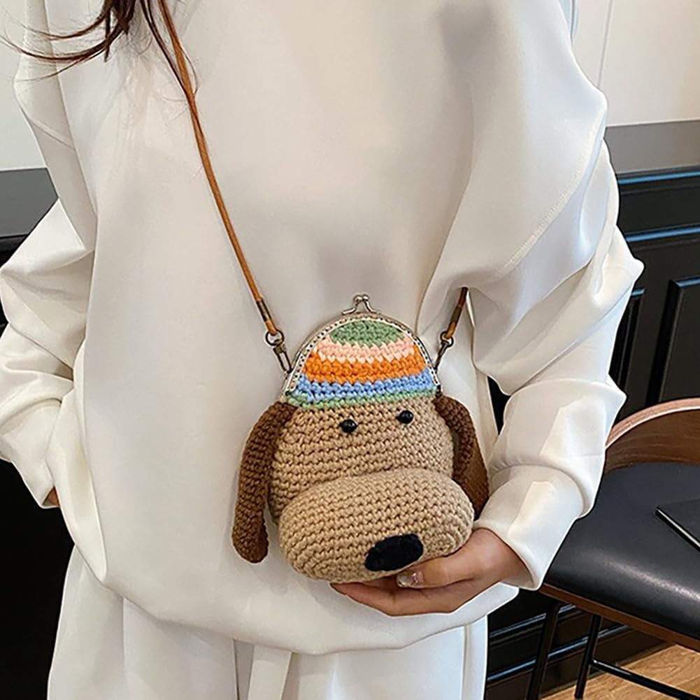 Baguery Handmade Crochet Dog Crossbody Bag - Cute Cartoon Knitted Purse with Metal Frame, Mini Animal Shoulder Bag for Women​