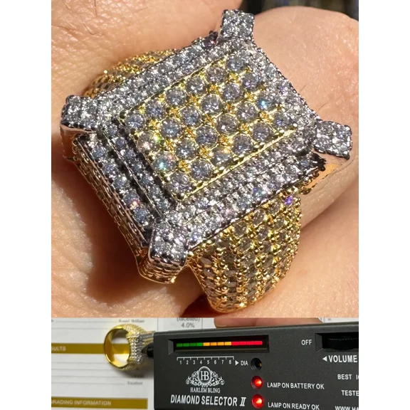 "Men's Real Solid 925 Silver 14K Gold Plated Moissanite Large 3D Iced Hip Hop Ring"