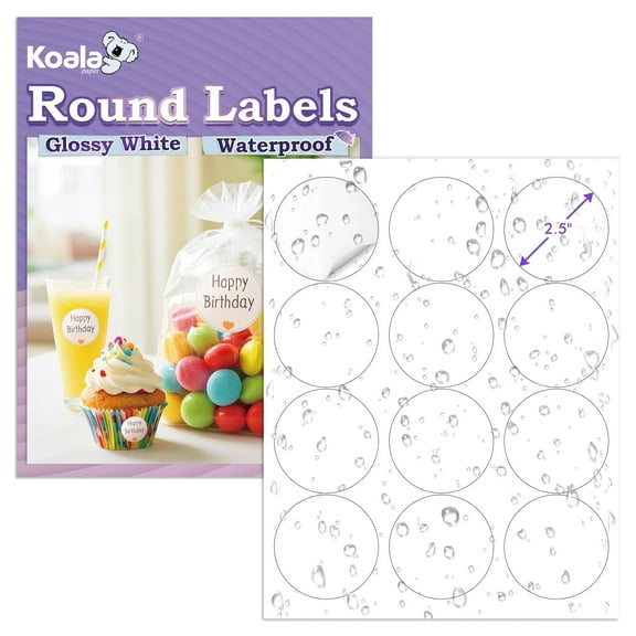 Koala Round Labels 2.5 Inch, Glossy Waterproof Printable Circle Stickers for Inkjet and Laser Printer, 240 Circle Labels for Brand Logo, Bottle, Jar
